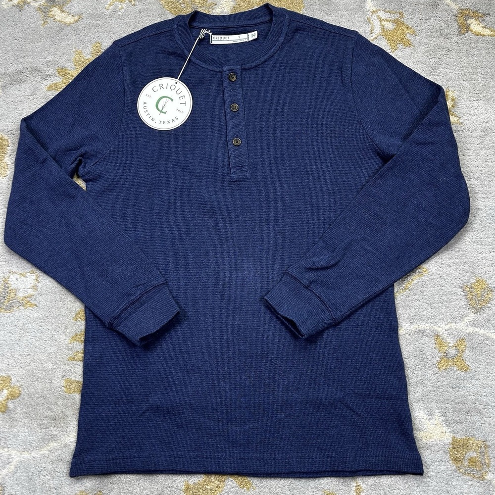Criquet Henley Waffle Knit Shirt Men's Small Navy Thermal Long Sleeve Preppy